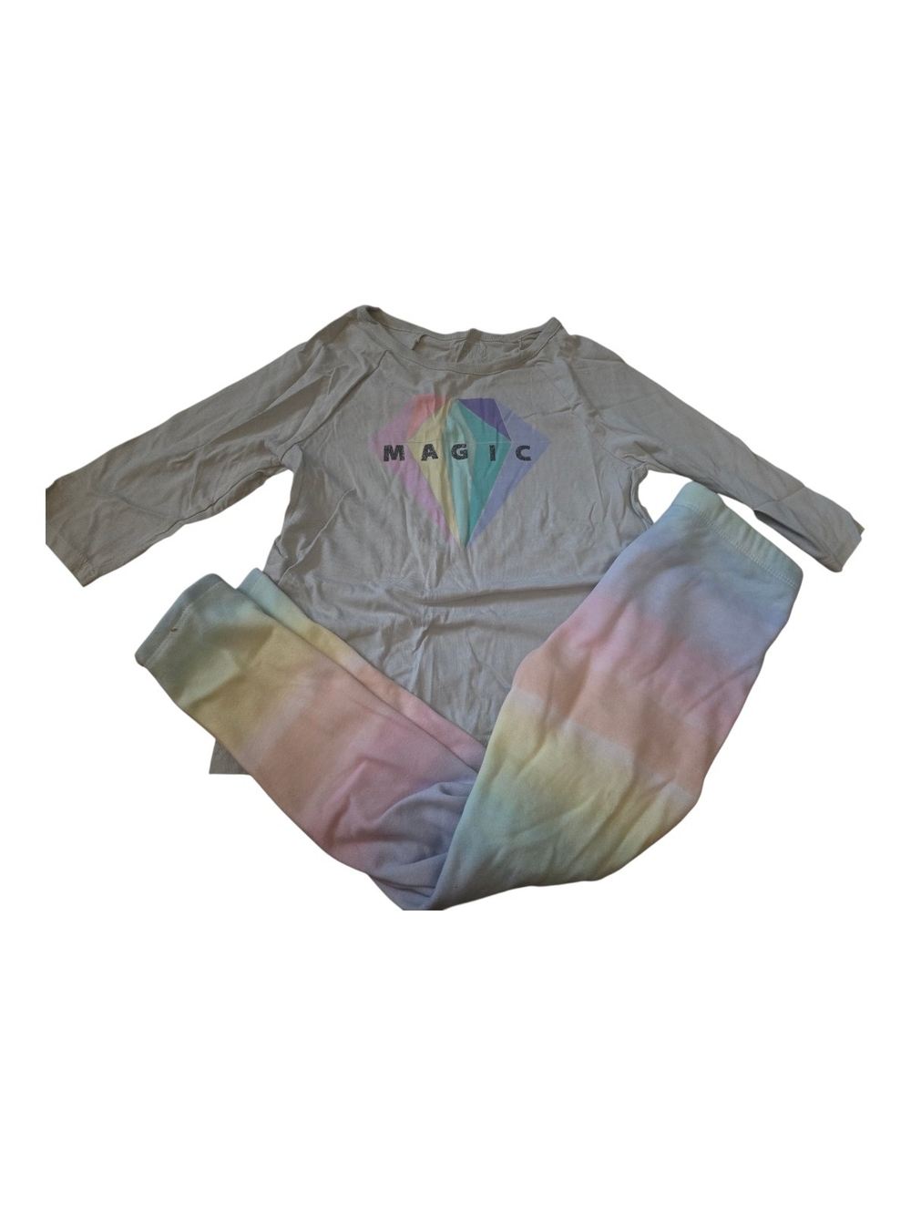 Gymboree White Top with Pastel Rainbow Diamond 'MAGIC' and Ombre Pastel Pants